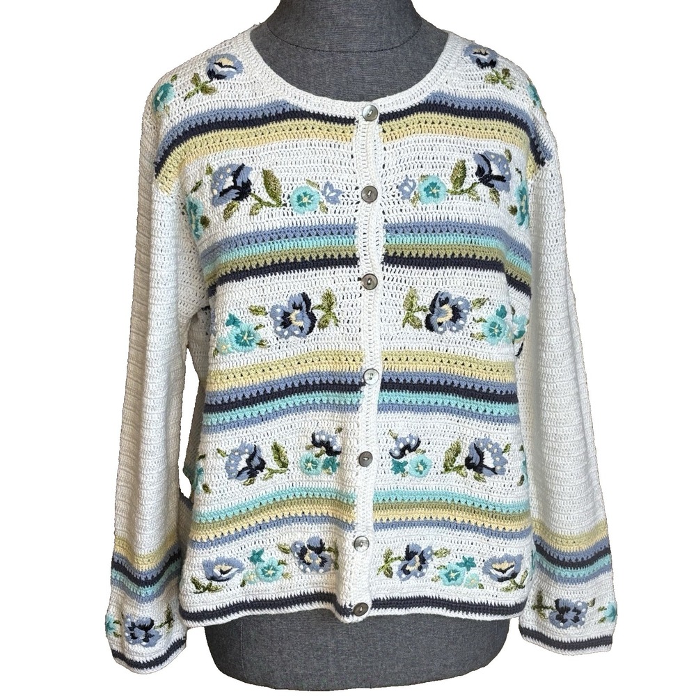 Vintage‎ Capacity 90s Y2K Sweater Cardigan Size M Crochet Cottagecore Flowers